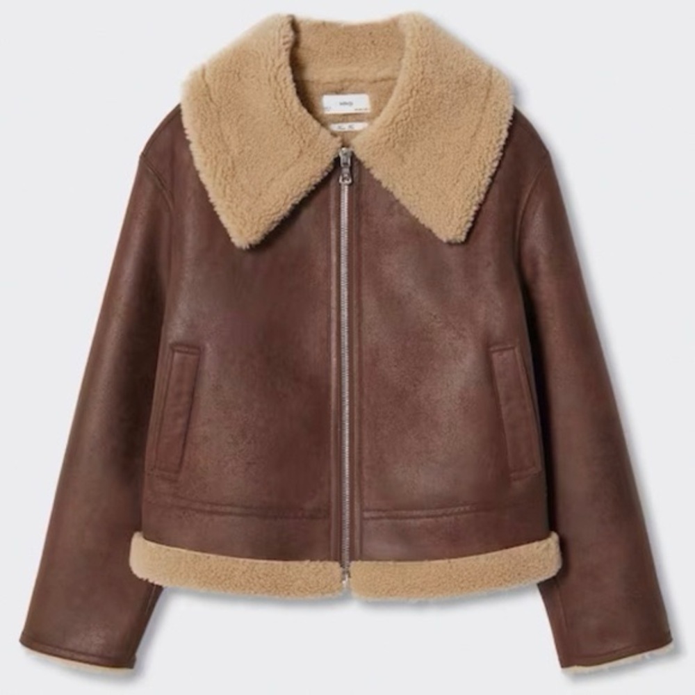Brown Faux Leather Jacket with Shearling Collar